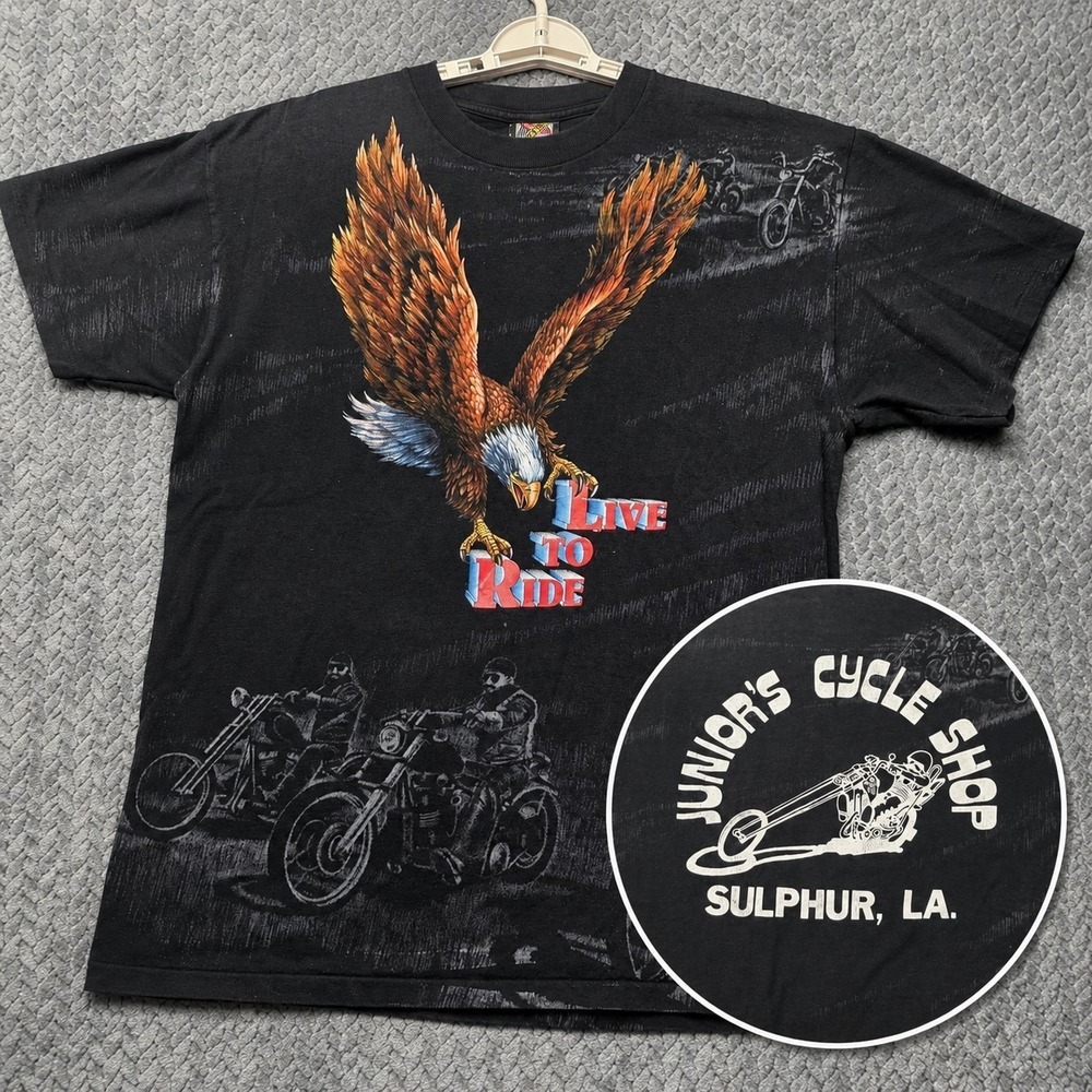 Vintage 3D Emblem Live To Ride AOP T-Shirt Mens Large Black USA Single Stitch‎